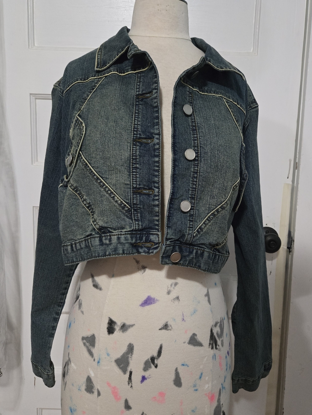 Cato Cropped Dark Blue Jean Jacket with Contrast Topstitching